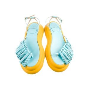 A.W.A.K.E. Mode Leather Tassel Delta Sandal in Blue and Yellow